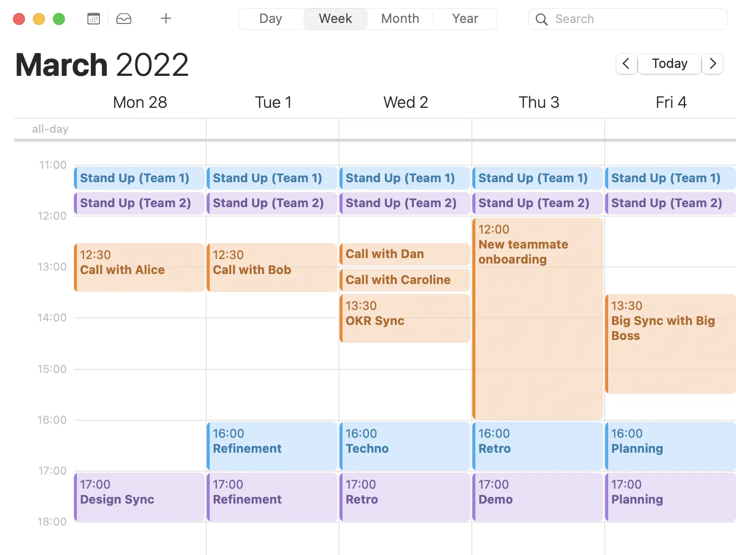 For example, Team One has stand-ups at 11:00 AM and other meetings at 4:00 PM; Team Two has stand-ups at 11:30 AM and large meetings at 5:00 PM. One-on-ones start at 12:30 PM and leadership meetings at 1:30 PM.