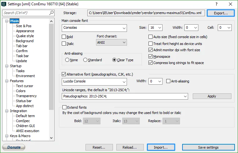 Настройки можно экспортировать в файл и импортировать из файла