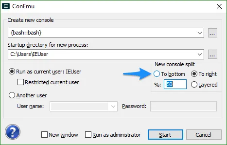 New console split → To right