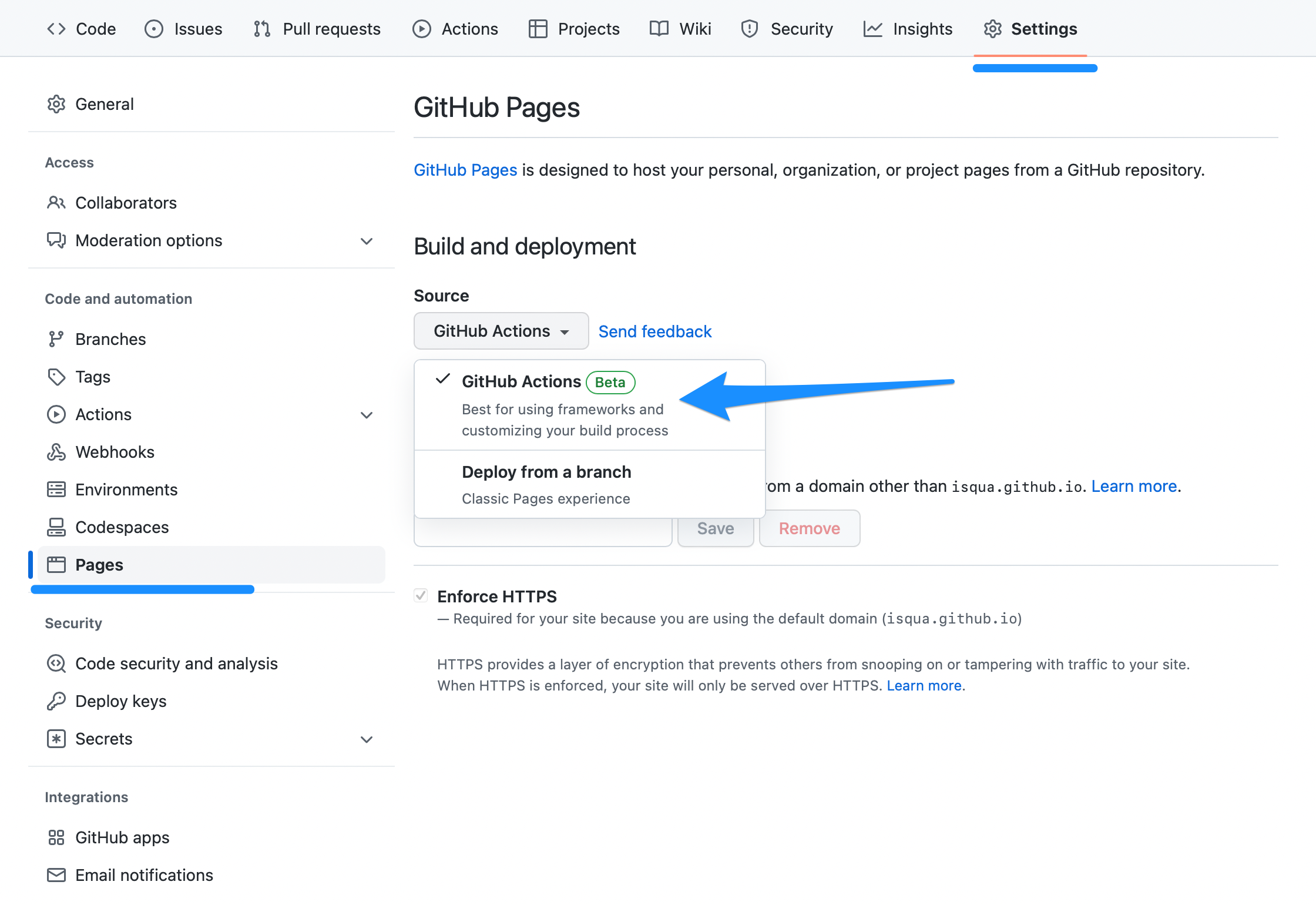 Go to “Pages” section of your repository and select “Github Actions” as a source of deployment.